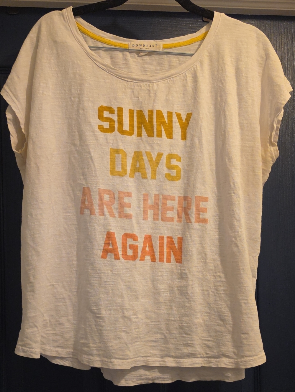 DownEast White Graphic Tee with Yellow and Peach Lettering